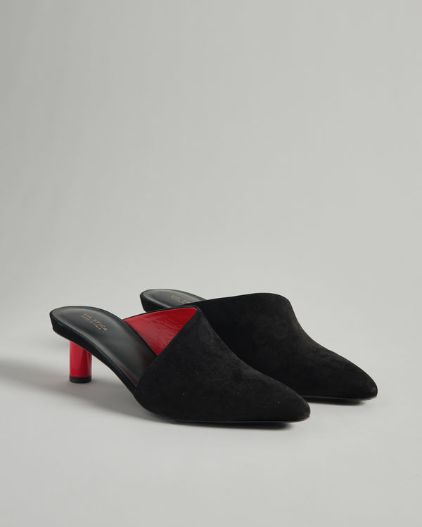 Via Spiga - Freya Pointed Toe Black Suede Mule with Red Cylinder Heel - 8.5