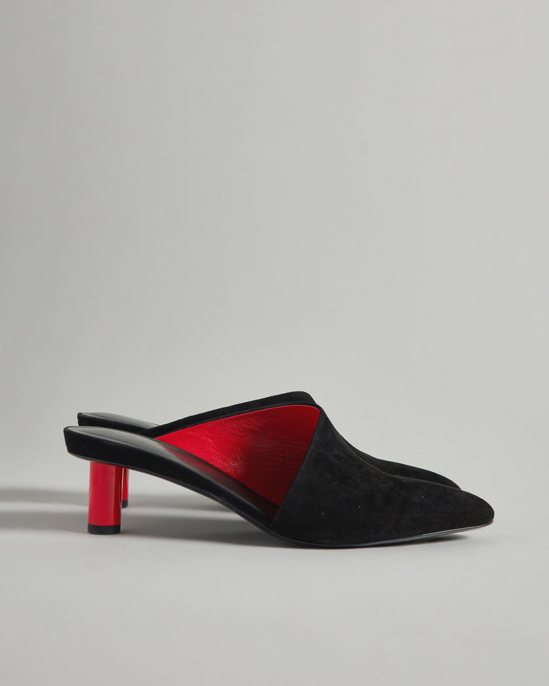 Via Spiga - Freya Pointed Toe Black Suede Mule with Red Cylinder Heel - 8.5