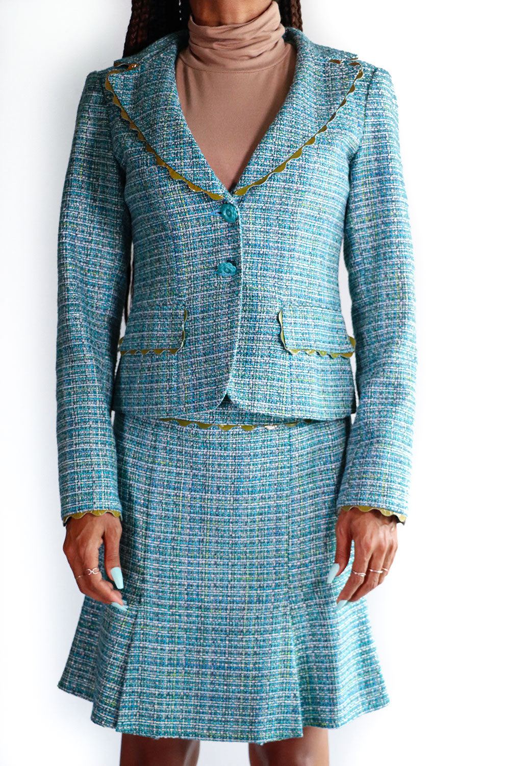 Womens Custom Made Check Pattern Blue Tweed Blazer 