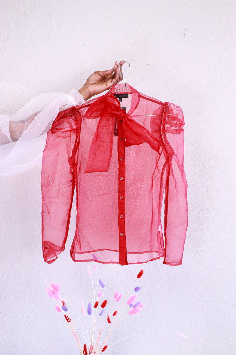 Love & Other Things - Red Organza Tie Neck Shirt - XS