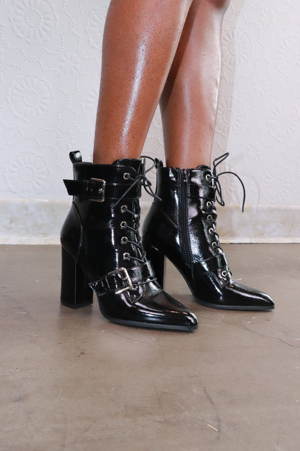 Black Faux Leather Buckle Heeled Boot - 9